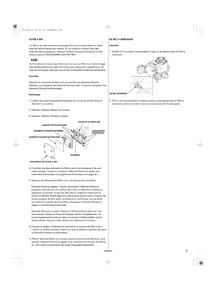 Page 9FRANÇAIS
FILTRE A AIR FILTRE A CARBURANT
Contrôle
Contrôle
Nettoyage
SOCLE DU FILTRE A AIR
ELEMENT FILTRANT EN PAPIER
ELEMENT FILTRANT EN MOUSSE
COUVERCLEDEFILTREAAIRCHAMBRE LANGUETTES ELASTIQUES
LANGUETTES
ELASTIQUESFILTRE A ESSENCE
9
Elément filtrant en mousse: Nettoyer l’élément filtrant dans de l’eau
savonneuse chaude, le rincer et le laisser sécher complètement. On
pourra également le nettoyer dans un solvant ininflammable, puis le
laisser sécher. Ne pas mettre d’huile sur l’élément en mousse. Un...