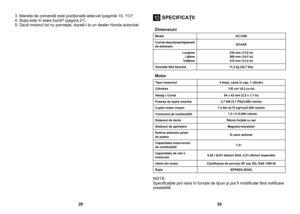 Page 153. Maneta de comandă este poziţionată adecvat (paginile 10, 11)?4. Bujia este în stare bună? (pagina 21)5. Dacă motorul tot nu porneşte, duceţi-l la un dealer Honda autorizat.  Dimensiuni
ModelGC135E
Cod de descriereechipament de antrenareGCAAE
LungimeLăţimeÎnălţime
330 mm (13,0 in)369 mm (14,5 in)315 mm (12,4 in)
Greutate fără benzină11,2 kg (24,7 lbs)
  Motor
Tipul motorului4 timpi, camă în cap, 1 cilindru
Cilindree135 cm3 (8,2 cu-in)
Alezaj x Cursă64 x 42 mm (2,5 x 1,7 in)
Puterea de ieşire maximă2,7...