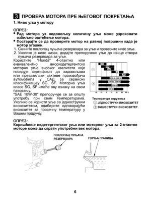 Page 6
1. Ниво уља у мотору
ОПРЕЗ:• Рад  мотора  уз  недовољну  количину  уља  може  узроковати озбиљно оштећење мотора.• Постарајте  се  да  проверите  мотор  на  равној  површини  када  је мотор угашен.1.  Скините поклопац пуњача резервоара за уље и проверите ниво уља.2. Уколико  је  ниво  низак,  додајте  препоручено  уље  до  ивице  отвора пуњача резервоара за уље.Користите  "Honda"  4-отактно  или еквивалентно  високодетергентско моторно  уље  високог  квалитета  које поседује  сертификат  да...