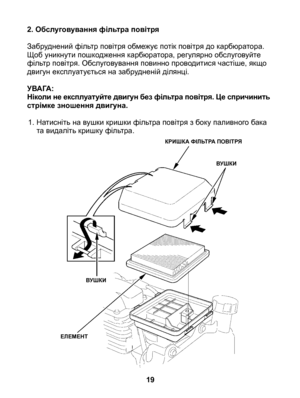 Page 19
2. Обслуговування фільтра повітря
Забруднений фільтр повітря обмежує потік повітря до карбюратора. Щоб уникнути пошкодження карбюратора, регулярно обслуговуйте фільтр повітря. Обслуговування повинно проводитися частіше, якщо двигун експлуатується на забрудненій ділянці.
УВАГА: Ніколи не експлуатуйте двигун без фільтра повітря. Це спричинить стрімке зношення двигуна.1.  Натисніть на вушки кришки фільтра повітря з боку паливного бака
	та видаліть кришку фільтра.
19
КРИШКА ФІЛЬТРА ПОВІТРЯ
ВУШКИ
ВУШКИ
ЕЛЕМЕНТ 