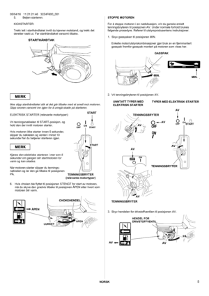Page 5NORSK  05/04/16   11:21:21:46   32Z4F600_001   5 
5. Betjen starteren. 
 
KICKSTARTER: 
 
Trekk lett i starthåndtaket inntil du kjenner motstand, og trekk det 
deretter raskt ut. Før starthåndtaket varsomt tilbake.
  
 
 
 
 
 
 
 
 
 
 
 
 
 
 
 
 
 
 
 
Ikke slipp starthåndtaket slik at det går tilbake med et smell mot motoren. 
Slipp snoren varsomt inn igjen for å unngå skade på starteren. 
 ELEKTRISK STARTER (relevante motortyper): 
 
Vri tenningsnøkkelen til START-posisjon, og 
hold den der inntil...