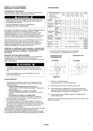 Page 7NORSK  05/04/16   11:21:21:46   32Z4F600_001   7 
SERVICE PÅ MOTOREN  VIKTIGHETEN AV VEDLIKEHOLD 
Godt vedlikehold er viktig for sikker, økonomisk og problemfri drift av 
motoren. Det bidrar også til å redusere forurensninger.
  
 
Utilstrekkelig vedlikehold, eller unnlatelse fra å rette opp et problem innen 
motoren startes, kan forårsake en driftsforstyrrelse med den følge at du 
kan bli alvorlig skadet eller drept. 
 Følg alltid anbefalingene for ettersyn og vedlikehold samt 
serviceskjemaene i denne...