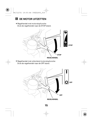 Page 1515
DE MOTOR UITZETTEN
REGELHENDEL REGELHENDELSTOP
STOP
OFFOFF
Druk de regelhendel naar de STOP stand. Regelhendel met motorstopfunctie:
Regelhendel met uitsluitend motorstopfunctie:
Druk de regelhendel naar de OFF stand. 06/12/01 19:53:44 39Z2L600_015 