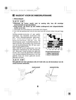 Page 66
NAZICHT VOOR DE INBEDRIJFSNAME
Motoroliepeil
Wanneer de motor werkt met te weinig olie, kan dit ernstige
motorschade tot gevolg hebben.
Zorg ervoor, de motor op een vlakke ondergrond met uitgeschakelde
motornatezien.
Het gebruik van niet-oplosbare olie of 2-takt olie zou de levensduur van de
motor kunnen verkorten.
OLIEVULDOP HOOGSTE PEIL 1.
Omgevingstemperatuur
ENKEL VISKOSITEIT
MULTI VISKOSITEIT
Verwijder de olievuldop en controleer het oliepeil.
Vul met de aanbevolen olie tot de rand van de vulnek...