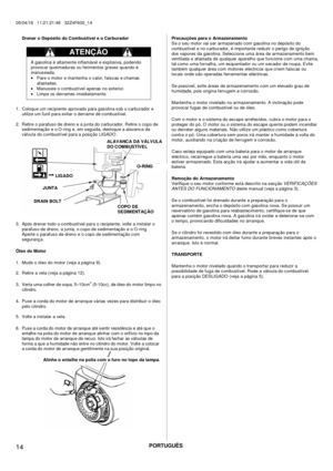 Page 14PORTUGUÊS 
05/04/16   11:21:21:46   32Z4F600_14 
 
 
14  
Drenar o Depósito do Combustível e o Carburador 
 
                                         
A gasolina é altamente inflamável e explosiva, podendo 
provoc ar queimaduras ou f erimentos graves quando é 
manus eada.
 •  Pare o motor e mantenha o c alor, f aísc as e c hamas 
af as t ad as . 
•  Manus eie o c ombustível apenas no exterior. 
•  Limpe os derrames  imediatamente.
 
 1.  Coloque um rec ipiente aprovado para gas olina s ob o c arburador e...