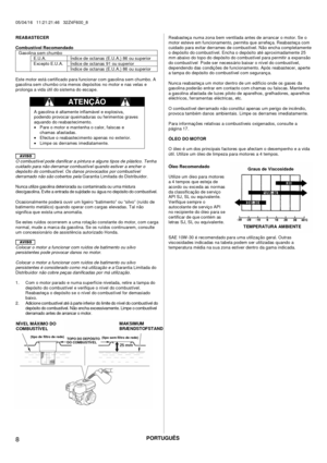 Page 8PORTUGUÊS 
05/04/16   11:21:21:46   32Z4F600_8 
 
 
8  
REABASTECER  
Combustível Recomendado Gasolina sem chumbo E.U.A. Índice de octanas (E.U.A.) 86 ou superior Índice de octanas 91 ou superior  Exc epto E.U.A. Índice de octanas (E.U.A.) 86 ou superior  
Este motor está c ertificado para funcionar c om gas olina s em chumbo. A 
gasolina sem chumbo cria menos depósitos no motor e nas velas e 
prolonga a vida útil do sistema do esc ape.
  
                                         
A gas olina é altamente...