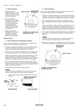 Page 10PORTUGUÊS 
05/04/16   11:21:21:46   32Z4F600_10 
 
 
10  
6 : 1 Cárter de Redução  
1.  Retire o parafus o de 
verific aç ão do nível do óleo e 
a anilha e verifique s e o nível 
do óleo s e enc ontra no bordo 
do orifício do parafuso. 
 
2.  Se o nível do óleo s e 
enc ontrar abaixo do orifício 
do parafuso, retire o parafuso 
e a anilha do orifício de 
enchimento. Adicione óleo 
rec omendado até este 
começar a sair pelo orifício 
do parafuso de verificação 
(veja a página 9). 
 
3.  Coloque o parafuso...