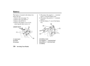 Page 135µ
´
µ
´ (1)
(2) UNDERSEAT
(3)(5)
(1) wire band
(2) ECM
(3) screws(3)
(4)
(4) battery cover
(5) negative ( ) terminal lead
(6) positive ( ) terminal lead
(7) battery(7) (6)
126
Battery
Servicing Your Honda
Disconnect the negative ( ) terminal
lead ( ) f rom the battery f irst.
Disconnect the positive ( ) terminal
lead ( ).
Pull the battery ( ) out of the battery
box. The battery is located in the battery box
below the seat.
Remove the seat (page ).
Remove the wire band (1).
Remove the ECM (2).
Remove...
