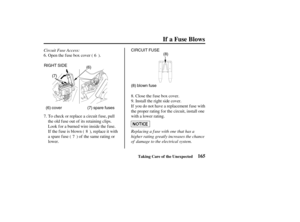 Page 174CIRCUIT FUSE
RIGHT SIDE(8)
(8) blown fuse (6)
(6) cover(7)
(7) spare fuses
165
If a Fuse Blows
Taking Care of the Unexpected
Replacing a f use with one that has a
higher rating greatly increases the chance
of damage to the electrical system. Circuit Fuse Access:
If you do not have a replacement f use with
the proper rating f or the circuit, install one
with a lower rating. Open the f use box cover ( ).
Install the right side cover.
To check or replace a circuit fuse, pull
the old f use out of its...