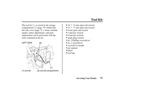 Page 80·
·
(1) tool kit (2) tool kit compartment LEFT SIDE
(2)
(1)
71
Tool Kit
Servicing Your Honda
10 12 mm open end wrench
14 17 mm open end wrench
tool bag pliers
pin spanner
screwdriver handle
no. 2 screwdriver
no. 2 Phillips screwdriver
sparkplugwrench
6 mm hex wrench
5 mm hex wrench
8 mm open end wrench The tool kit ( ) is stored in the storage
compartment ( ) (page ) behind the
lef t side cover (page ). Some roadside
repairs, minor adjustments, and parts
replacement can be performed with the
tools...