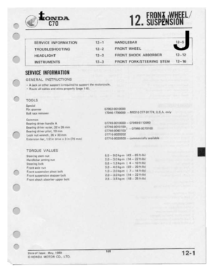 Page 111 
I

 

--
 t

arena.

B10
 M

hi
 I
110"?!
E5
 'II==:

2-'
 E5
11
 l./

SE
 R'Il"I
 OE
 IN
FO
 RMATI
 ON

T
 R
OUB
 LESHOOTI
 NE

H
 EAD
 LI
GI-I
 T

INST
 R
U
 ME
 HTS
 12-1

HANDLEBAFI
 1Z——E

12-2
 FRONT
WHEEL

12-3
 FRONT
SHOCK
ABSORBER
 12-12

12-3
 FRONT
FORIUSTEERING
 STEM
I2-1E

J

12

SEIIVIIJE
 IIIFIIIIIMTIIIII

GENERAL
 INSTRUCTIONS

-
 A
 jeelt
 or
cl‘I‘I'|r;||1'
 mppurt
 it
required
 to
autleert
 Th:
meter:-rein.

~
 Flnute
 all
nab-Iee
 arrd
wires
 ptetrerltr...