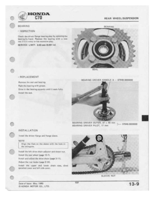 Page 139 
I-ICI1\'Il'

DB.

BEARING

'
 INSPECTION

Check
 the
IZII'l‘|‘IIF\
 Flange
bearing
 claw
be
srtlltninethe

bear-'|tg
 l:I-,1
hand.

rtnt;
 ifit
-I5
 m:|l:i'y
 4:|r
l'I.:Il
 |:KEE!I1i\|'e
 1llIl'|‘.

SERVICE
 LIMIT
 REAR

WHEEUSUSPENSIDN

_tte.=1Intric

He-place
 the
hearing
 with
a
new

:
 D113
 rrntt
IlI.IIII‘t
 inl

-
 REPLACEMENT

BEARING
DRIVER
HANDLE
 A
—
CITBIIB-3lIIODl][.‘£|

FIIIIt-Inn-II
 tr-.II
Ietel
 end
 l.tee.1-ino,

Peck
 the
beating
 with
grit-ttte....