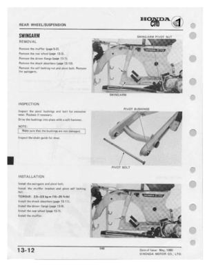 Page 142 
HEAR

WH
E
E
 L.|"5USPEN51DN
 HONDA.

cm
 1

QHMHWM
 HEMDVAL

F|1rr11m'r:
 rhu
mufflar
 ipge
E-21.

Ham-wt
 111:
nmr
 Whccl
 {page
 13-3|,

Home-'5
 the
dnueu
 1lang-e1|:rag!.=
 13-
1'1.

Rumrn-n
 thu
shu-ck
 absorber:
 (page
13-113].

REMOVE
 UM!
I-_'|1
 lntkinq
 wut
and
 nivut
 bu-11.
Flernnm:

11'"!
 nvingarm.

INSPECTION

FHSIJEI-‘I
 lhﬂ
PH-‘I11
 buﬂﬁi-H95
 and
hult
 Fur
axcasaive

VIEIH.
 Flnplnnr
 if
=|u|:Bn-ar\.r.

DrFUEt|1B
 bushing;
|l'|T:r
1111;:
 with
n
iuﬁ;...