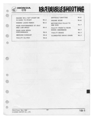 Page 169 
_,-r

I-.

|"rI_I-‘L

—._-

Ir"-
 if-.

I-"'"
 .-.

I’

IF

I.-.

_/F“
 IF
 IBIRIJUBLESHIIIITINE

ENGINE
 '|'iIlLL
NOT
START
 OR

IS
 HARD
 TO
START

ENGINE
 LACICS
POWER

POOR
 PERFORMANCE
 AT
IDLE

AND
 LOW
SPEED

POOR
 HIGH
SPEED

PERFORMANCE

SMOKING
 EXHAUST

FAULTY
 CLUTCH

Date
 of
Issue:
 May,
IHSIII
 IE?
 1
8
 1

HONDA
 MOTOR
CO..
LTO.
 13-2

1B—3

‘IB--4

I3-Ii

13-5

'I3—S
 DIFFICULT

SHIFTIN-G

ENGINE
 NOISE

MOTORCYCLE
 POLLS
TO

ONE
 SIDE

FAULTY
 FRONT
Si...