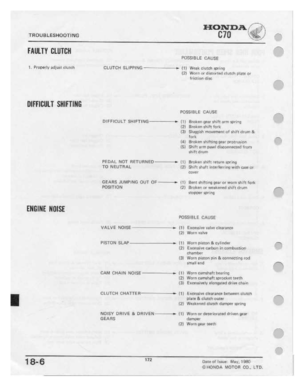 Page 174 
"rnuuetesuoetme

C70

Hanna.

_

z-",1

|illllT'f
 BLUTIIII

PU5-SIB
LE
CAUSE

T.
 Preperlv
 ecllusr
clutch
 CLUTCH
5|_|PPmt3
 —i
-lg.
 11;
wqik
 ggumh
 -§pf|n.n

{Ell
 Wr.'|H‘|
 ur
ill!-tnrted
 clutch
plate
gr

BlFlilBl.I.T
 Si'llF'i'lliE

Eliiiilii
 IIUISE
 frlctitrn

dist:

PUSSIH
 L
E
 CEUSE

DIFFICULT
 sH|rr|r1ei-
 in

ill

E3}

Hi

[5]

FED-M.
 NUT
|iiETUHHEDiI-
 [I]

TD
 NEUTRAL
 ii]

GEARS
 .ll..Ilr.IlPlNG
 GUT
OF
-in
 H!

POSITION
 iii
Bremen

geqr
ehilr
 qrrtl...