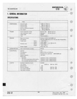 Page 178 
'82

ADDENO
 UM

I.
 IIEIIEIIIII.
 IIIFDRIATIIIII

SFEBIFIBITIIIIIS
 HONDA

-

ETD

ITEM

DIMENSIONS
 OIIBFBII
IBﬂ§'ICI'I

Dvérull
 '|IIl'II.'I‘l!I'I

Ouirall
 height

Minrrnurn
 qrI:IunI;I
tlgu-rant:

_
 EII_v
 wa_§qht
 Lﬁﬂﬂ

mm
I719
 inI

Bﬂilmm
 (26.0
InI

1,010
 mrn
(39.8
 InI

150mm
 I{5.5in1

E2kgIIBﬂ.IIII:I-I

FRAME
 Fmnt
1I.I1pIImiI:|rI,
 tnlvnl

Rear
 u.|apem.IuI1,
 trnuel

Caster
 angle

TI'dIII
 Bntlum

link
BB
mm
 [23
InI

Swingiarm
 51
mm
 IE'.:I-
InI...