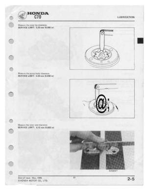 Page 19 
-1-I-._

__|I"""\

F“

F“
 .-'-

|f""~.

F"

-"""'*.

,.v""“a

.-'-'~-
 .1‘
 ;,

I-IIJHFIJIL

BTU
 LUBFHCATIDN

Measure
 use
r'n1n|
 t||3
claaran:-2.

SEHWGE
 LIMIT:
0.20
mm
lD.EHIlB
 ml

lkleasuru
 the
|:||.|rr'.l:|
 i:||:|d\,'
clearance

SERVICE
 LIMIT:
I120
n1l'|'|
lﬂ.0DB
 lnl

Measure
 the
!'lJ‘ll'Jl
 and
r.".l»::nn1nr.u

SERVICE
 LlMlT:
0.12
r'|1m'lD.DD5inl
 _ 

---R
 I

fir-'

//‘I

D.
 ‘...