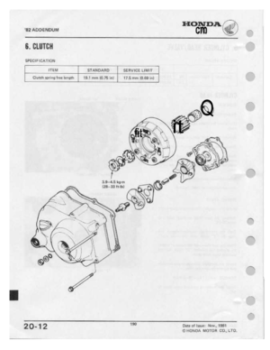 Page 188 
20-12
‘B2

ADD-E
 NIJUM

B.BLﬂTGH
 HONDA

’_

cm
 _/
H

—
 I

ITEM
 1
STAN
 D

Clutch
 gpri-ng
tr

git
-.;
 *'
L“
 "x

trm
 §

tan-as
 mar

—_“____
 _
__L
 I‘
-'==
 1.

.
 E
 H‘

 
 "
It

,-
 AHD

SERVICE
LIMIT

N
 lanqm
 I
15-I
 mrrl
[I175
 in}
 I15
mm
10.39
 in]

it
 Q

ﬁt
 I
I

%
 ~

.‘.
 -J
G
 I
 T"
'
_
 -.

E!’
 .
_
 :1
 _.

.,
 .
'

3.5»-4.5
 it
 _

_|'I

-
 I-1‘.
 ____:r__r___:_
._
In
 Q
 '
.
 _
 _.

-.

~-__
 _.--j"T-

wt:
 I'll

.
 'I:||

t
 ._\...