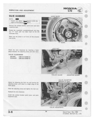 Page 28 
I-ICl1\'l'ID.B..

F”-?;.~>~.

rrtsmsc-rrutu
 mu
ADJUSTMENT
 [III]
~—~

VALVE
 |}LEllUiHBE

NOTE
 i
 __i_

lntpeet
 and
in-dlut-t
 valve
eleatanne
 whiltr
mu

uﬂglrhu
 it
mid
 [below
 :i5"::.
9-Fri

;
 J

Flumtwrr
 thn
manta-ct
 l:i-reeiter
 mini
mover
and
value

lﬂiliﬂli-1'.iIIiI‘l
 cape.

"ﬁne
 Ihﬂ
ﬂiﬂrihhll!
 wuntercdu-trktvise
 and
align

thn
 "T"
 l1‘|.iF|'l.
 with
the
lncln:
 merit
0|‘:
the
 left

crankcase
 uui.rer,

F-lake
 sure
1110
urttun
 in
nr
 T.D.C.
 cm
the...