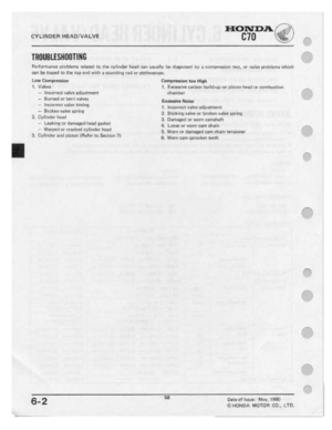 Page 60 
HONDA

CYLINDER
 HEADNALVE
 CTII

I
 i
_
 —l
1-

TIIIIIIBIISI-IIIIITIIIE
 P0
 rforrnence
 nrc
IJI-ems
 related
 In
the
 cylinder
 head
can
l.l:Ll.tlII'|r
 he
diuanaeed
 by
n
|:t.'|l'I‘|I‘Jl'£:e:Ir.N'|
 tie-.1,
nr
nnice
 |'Jrul:|In-rn-i
 which

can
 he
traced
 to
the
 1:0-p
end
 with
 a
saundlng
 red
er
i‘I1EfI'||:|»:-¢m'.I|:,

Law
 Camnretsicn
 Celrmnrusiun
too
I-Hgh

1.
 Valve:
 1.
Excessive
 carbon
bt.|IId-up
 an
pluten
 head
er
uﬂrltbusliurl

—
 Incorrect
 valve...