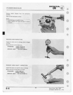 Page 64 
CYLINDE

R
HEADIVALVE
 I-Iowna./’

cm
 E13.»

Flam-1:00
 r.arb0n
deposits
 from
the
DIJ|'I‘|I.Il.'tlI|:|n

chamber.

CIEHH
 eff
the
 head
 gaslrart
 surface-.

NOTE
 ‘
 -
Aueid
 damegirrg
 the
gasket
 mrtnce.

-Gasket
 materiel
will
name
 c-ff
easier
 if
necked

in
 eelvant.

ROCKER
 ARM
INSPECTION

Iraap-a|:.t
 he
r0l:Iter
 arms
fer
damage,
 wear
ur
clogecl

all
 helet.

Manure
 the
I.D.
 of
the
 rueltar
 lr1'n.

BTAHDARD1
 10.000-1D.ﬂ1E
IH|'II

III.393il'—II.H-I-I-3
 InI

SERVICE...