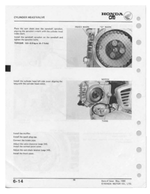 Page 72 
BY’

L
I
ND
 E
R H
EADIVALVE
 HONDA

cm
 a%;,»%

-..b_

Pllwr:
 rhu
I:-am
 chain
 over
mg
carruhaf:
 1prqq;|r,g1,

aligning
 the
ﬁprnnknt
 n-rruqrk
with
1|-19
gylindgr
 |-mad

Index
 mark.

Install
 lhl
namihaft
 lprnckei
an
mu
 qmmaﬁ:
 ind

tiqhtan
 ma
spruclr.-a1
 l,1ul1s._

TEIHDUE:
 :15-0.9
am
11-1n~|u}

|l1P-tﬂll
 I-Hi!
tvllnchr
 hind
luﬁ
ii-da
 cmral
 aligning
 th:

T-lng
 with
 tha
uvlindar
 hand
nut-uh.

111:-tall
 the
muﬁier.

1I=lH||
 thu
spark
 plug
cap.

Connect
 the
lntaka
 pipq,...