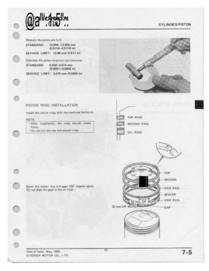 Page 79 
“I
:""‘

J,-_--.

’;""\.

F7
 r:

f"‘-

F"

f'\..

r"'*
 -'-\
 @a"‘:1:5"::

CTLINDE

FUFISTDN

Mun-sun:
 the
piston
 pin
Cl.D.

STAN
 DAFID;
 1
2_.BB1l-—I3»MG
 mm

IILE1
 15-15118
 InI

SERVICE
 LIMIT:
11$
mm
ID.I5'I"I
 I'I\I

C-almtete
 the
pistorr-to-piston:
 pl:-I
::Iearan¢':e_

STANDARD:
 II.II‘EI2-IIIIJIIII
mm

IILI-'lI3D'I
 —I'J.EIIlS
 InI

SERVICE
 LIMIT:
B.IIIT5mm
 'II].II‘II1IJ-
InI

PISTON
 FIING
INSTALLATION...