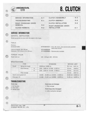 Page 83 
I":

F‘

F,-..

(“-.
 rw

F‘
 1"":

I”

F“

IT"
 _P'7"'\.

1-A
 8.

CLUTCH

'
 SERVICE
 IHFDHNIATIDN

TRDUBLESHDDTING

FIIGHT
 GFIANKCASE

HEMDVAL

C
 LUTCI-I
 HEMEWA
 I.
COVER
 CLUTCH

DISASSEMBLY

CLUTCH
 ASSEMBLY

CLUTCH
 INSTALLATION

B—

I‘

B-1

B-2‘

B-2
 INSTALLATION
 B--3

B-6
 B-5

FI
 IG
 HT
 ERA
 NKCA-S
 E
IIDVE
 Fl

B-TI’

-L-_:—--|—

SEIITICE
 IIIFIIIINITIIIII

GENEFIAL
 INSTRUCTION

Clutch
 BElI‘\'II'I'lI-
can
be
done
 with
the
engine
 In
me...