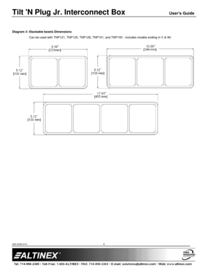 Page 6Tilt N Plug Jr. Interconnect Box User’s Guide 
400-0434-014  
 
 
 
 
 
6 
 
 
Diagram 3: Stackable bezels Dimensions 
Can be used with TNP121, TNP125, TNP128, TNP151, and TNP155 - includes models ending in C & W) 
 
    