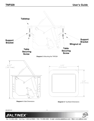 Page 5TNP329 User’s Guide 
400-0670-001  
 
 
 
 
5 
 
 
Diagram 3: Mounting the TNP329 
 
 
Diagram 4: Side Dimensions 
 
 
 
  
 
Diagram 5: Top Bezel Dimensions
 
    