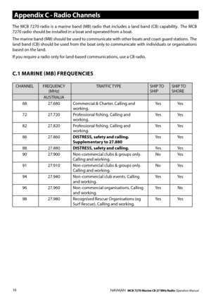 Page 15
16NAVMAN   MCB 7270 Marine CB 27 MHz Radio Operation Manual
The  MCB  7270  radio  is  a  marine  band  (MB)  radio  that  includes  a  land  band  (CB)  capability.   The  MCB 7270 radio should be installed in a boat and operated from a boat. 
The marine band (MB) should be used to communicate with other boats and coast guard stations.  The land band (CB) should be used from the boat only to communicate with individuals or organisations based on the land. 
If you require a radio only for land-based...