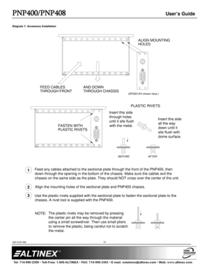 Page 10PNP400/PNP408 User’s Guide 
400-0109-008  
 
 
 
 
 
 
10
Diagram 7: Accessory Installation 
 
 
 
 
 
 
 
 
 
 
 
 
 
 
 
 
 
 
 
 
 
 
 
 
 
 
 
 
 
 
 
 
 
 
 
 
 
 
 
 
 
 
 
 
 
 
 
 
 
 
 
 
 
 
 
 
 
 
 
 
 
 
 
 
 
 
 
Feed any cables attached to the sectional plate through the front of the PNP400, then 
down through the opening in the bottom of the chassis. Make sure the cables exit the 
chassis on the same side as the plate. They should NOT cross over the center of the unit.
Align the mounting...