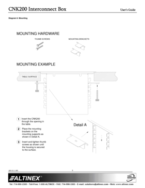 Page 9CN
CNCN
CNK200 
K200 K200 
K200 Interconnect Box
Interconnect BoxInterconnect Box
Interconnect Box 
  
 User’s Guide
User’s Guide User’s Guide
User’s Guide 
  
 
400-0111-005 
 
        
9 
Diagram 6: Mounting 
   
MOUNTING BRACKETS
THUMB SCREWS
Place the mounting 
brackets on the  
mounting supports as  shown in Detail A.
Insert the CNK200 
through the opening in  
the table.
1
2
MOUNTING HARDWARE 
MOUNTING EXAMPLE
TABLE SURFACE
Detail A
Insert and tighten thumb screws as shown until 
the housing is...