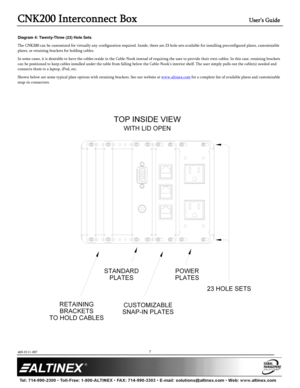 Page 7CNK200 Interconnect Box User’s Guide 
400-0111-007  
 
 
 
 
 
7
Diagram 4: Twenty-Three (23) Hole Sets 
The CNK200 can be customized for virtually any configuration required. Inside, there are 23 hole sets available for installing preconfigured plates, customizable 
plates, or retaining brackets for holding cables.  
In some cases, it is desirable to have the cables reside in the Cable-Nook instead of requiring the user to provide their own cables. In this case, retaining brackets 
can be positioned to...