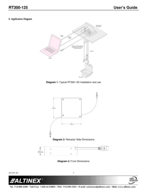 Page 4RT300-125 User’s Guide 
400-0591-001 
 
 
 
 
 
4 
 
6. Application Diagram 
 
Diagram 1: Typical RT300-125 Installation and use 
 
 
 Diagram 2: Retractor Side Dimensions 
 
 
Diagram 3: Front Dimensions 
  