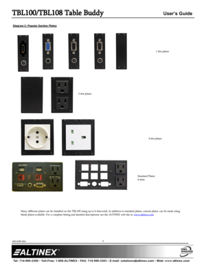 Page 6TBL100/TBL108 Table Buddy User’s Guide 
400-0205-004  
 
 
 
 
 
6 
 
 Diagram 2: Popular Section Plates 
 
 
 
 
 
 
 
 
 
 
 
 
 
 
 
 
 
 
 
 
 
 
 
 
 
 
 
 
 
 
 
 
 
 
 
 
 
 
 
 
 
 
 
 
 
 
 
 
 
 
 
 
 
 
 
 
 
 
 
 
 
 
 
 
 
 
 
 
 
 
 
 
 
 
 
 
  
 
  
 
 
 
  
 
 
Many different plates can be installed on the TBL100 using up to 6 slots total. In addition to standard plates, custom plates can be made using 
blank plates available. For a complete listing and detailed descriptions, see the...