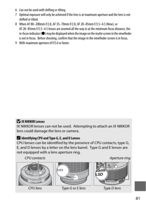 Page 10581
6 Can not be used with shifting or tilting.
7 Optimal exposure will only be achieved if the lens is at maximum aperture and the lens is not 
shifted or tilted.
8 When AF 80–200mm f/2.8, AF 35–70mm f/2.8, AF 28–85mm f/3.5–4.5 (New), or  AF 28–85mm f/3.5–4.5 lenses are zoomed all th e way in at the minimum focus distance, the 
in-focus indicator ( I) may be displayed when the image on  the matte screen in the viewfinder 
is not in focus.
 Before shooting, confirm that the image  in the viewfinder screen...