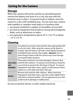 Page 10985
Storage
When the camera will not be used for an extended period, 
remove the battery and store it in a cool, dry area with the 
terminal cover in place.
 To prevent mold or mildew, store the 
camera in a dry, well-ventilated area.
 Do not store your camera 
with naphtha or camphor moth balls or in locations that:
• are poorly ventilated or subject to humidities of over 60%
• are next to equipment that pr oduces strong electromagnetic 
fields, such as televisions or radios
• are exposed to temperatures...