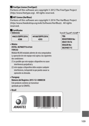 Page 133109
AFreeType License (FreeType2)
Portions of this software are copyright © 2012 The FreeType Project 
( http://www.freetype.org ).
 All rights reserved.
AMIT License (HarfBuzz)
Portions of this software are copyright © 2016 The HarfBuzz Project 
( http://www.freedesktop.org/wiki/Software/HarfBuzz ).
 All rights 
reserved.
ACertificates 