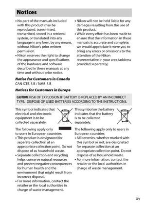 Page 17xv
•No part of the manuals included 
with this product may be 
reproduced, transmitted, 
transcribed, stored in a retrieval 
system, or translated into any 
language in any form, by any means, 
without Nikon’s prior written 
permission.
• Nikon reserves the right to change 
the appearance and specifications 
of the hardware and software 
described in these manuals at any 
time and without prior notice. •
Nikon will not be held liable for any 
damages resulting from the use of 
this product.
• While every...