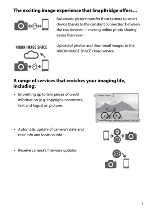 Page 3i
The exciting image experience that SnapBridge offers…
A range of services that en riches your imaging life, 
including:
Automatic picture transfer from camera to smart 
device thanks to the constant connection between 
the two devices — making online photo sharing 
easier than ever
Upload of photos and thumbnail images to the 
NIKON IMAGE SPACE cloud service
• Imprinting up to two pieces of credit  information (e.g. copyright, comments, 
text and logos) on pictures
• Automatic update of camera’s date...