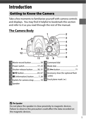 Page 251
Introduction
Take a few moments to familiarize yourself with camera controls 
and displays.
 You may find it helpful to bookmark this section 
and refer to it as you read through the rest of the manual.
The Camera Body
Getting to Know the Camera
6
12 2
1
3
4
5
6
8
91011 7
1
Movie-record button ................... 39
2Power switch............................17, 23
3Shutter-release button ..........30, 31
4E /N  button .............................65, 67
5R  (information) button .......... 7, 26
6Eyelets...