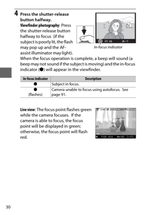 Page 5430
4Press the shutter-release 
button halfway.
Viewfinder photography: Press 
the shutter-release button 
halfway to focus
 (if the 
subject is poorly lit, the flash 
may pop up and the AF-
assist illuminator may light). 
When the focus operation is complete, a beep will sound (a 
beep may not sound if the subject is moving) and the in-focus 
indicator ( I) will appear in the viewfinder.
Live view : The focus point flashes green 
while the camera focuses.
 If the 
camera is able to focus, the focus...