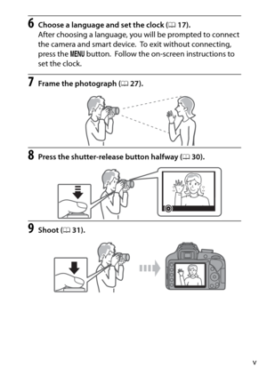 Page 7v
6Choose a language and set the clock (017). 
After choosing a language, you will be prompted to connect 
the camera and smart device.
 To exit without connecting, 
press the  G button.
 Follow the on-screen instructions to 
set the clock.
7Frame the photograph ( 027).
8Press the shutter-release button halfway ( 030).
9Shoot ( 031). 