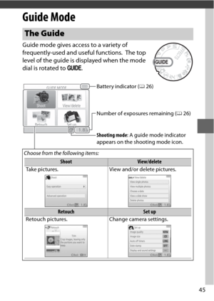 Page 6945
Guide Mode
Guide mode gives access to a variety of 
frequently-used and useful functions.
 The top 
level of the guide is displayed when the mode 
dial is rotated to  g.
The Guide
Choose from the following items:
ShootView/delete
Take pictures. View and/or delete pictures.
RetouchSet up
Retouch pictures.Change camera settings.
Battery indicator (026)
Shooting mode : A guide mode indicator 
appears on the shooting mode icon. Number of exposures remaining ( 026) 