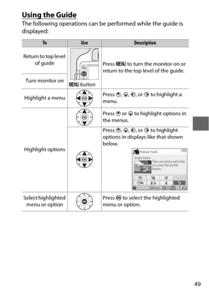 Page 7349
Using the Guide
The following operations can be performed while the guide is 
displayed:
ToUseDescription
Return to top level  of guide
G button Press 
G to turn the monitor on or 
return to the top level of the guide.
Turn monitor on
Highlight a menu Press 
1, 3 , 4 , or  2 to highlight a 
menu.
Highlight options Press 
1 or  3 to highlight options in 
the menus.
Press  1, 3 , 4 , or  2 to highlight 
options in displays like that shown 
below.
Select highlighted  menu or option Press 
J to select the...