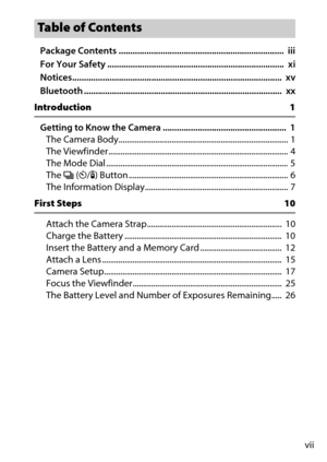 Page 9vii
Package Contents .......................................................................  iii
For Your Safety ............................................................................  xi
Notices..........................................................................................  xv
Bluetooth .....................................................................................  xx
Introduction
 1
Getting to Know the Camera .....................................................  1 The Camera...