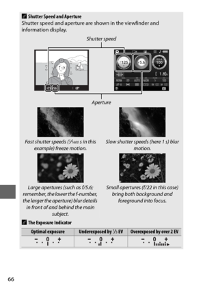 Page 9066
AShutter Speed and Aperture
Shutter speed and aperture are shown in the viewfinder and 
information display.
Shutter speed
Aperture
Fast shutter speeds (1/1600s in this 
example) freeze motion.Slow shutter speeds (here 1 s) blur  motion.
Large apertures (such as f/5.6; 
remember, the lower the f-number, 
the larger the aperture) blur details  in front of and behind the main  subject.Small apertures (f/22 in this case) bring both background and  foreground into focus.
AThe Exposure Indicator
Optimal...