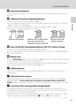 Page 2715
Inserting the Batteries
First Steps
BRemoving the Batteries
Confirm the power-on lamp and the monitor are off and open the battery-chamber/ memory card 
slot cover.
BAdditional Precautions Regarding Batteries
•Read and follow the warnings and cautions (Aiii, 113).
•Be sure to read and follow the warnings for the battery on page iii and the section, “The Battery” 
(A113), before using the battery.
•Do not combine old and new batteries or batteries of different makes or types.
•Batteries with the...