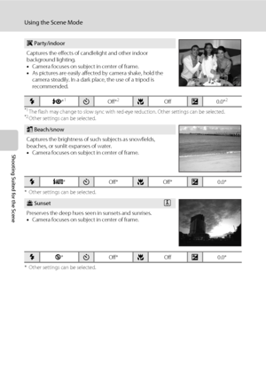 Page 5038
Using the Scene Mode
Shooting Suited for the Scene
*1The flash may change to slow sync with red-eye reduction. Other settings can be selected.*2Other settings can be selected.
* Other settings can be selected.
* Other settings can be selected.
f Party/indoor
Captures the effects of candlelight and other indoor 
background lighting.
•Camera focuses on subject in center of frame.
•As pictures are easily affected by camera shake, hold the 
camera steadily. In a dark place, the use of a tripod is...